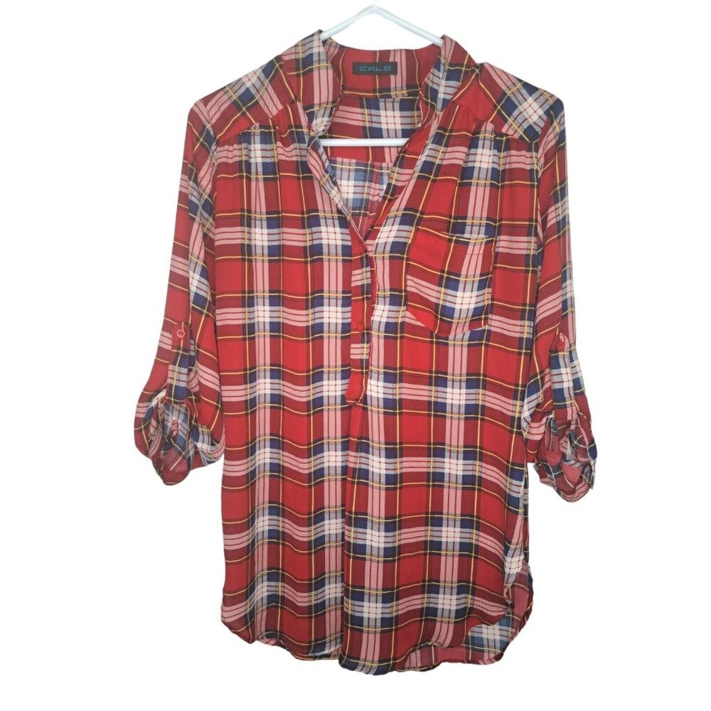 CALS Red Long Half Button Plaid 3/4 Sleeve Shirt Junior's Size Small Semi-Sheer